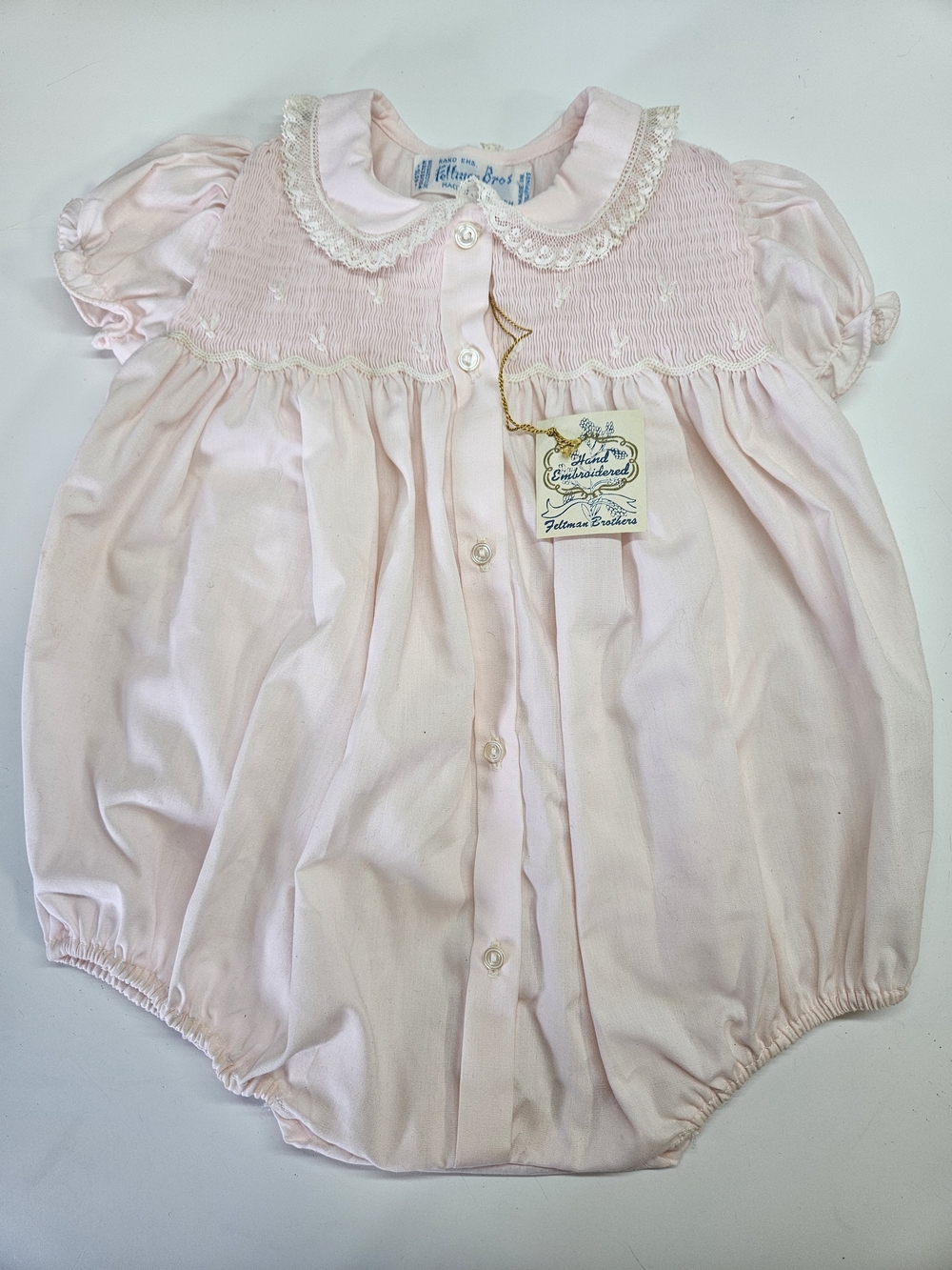 NEW VINTAGE Feltman Bros Pink Smocked Baby Girl Shortall Bubble Romper 3-6 Mths